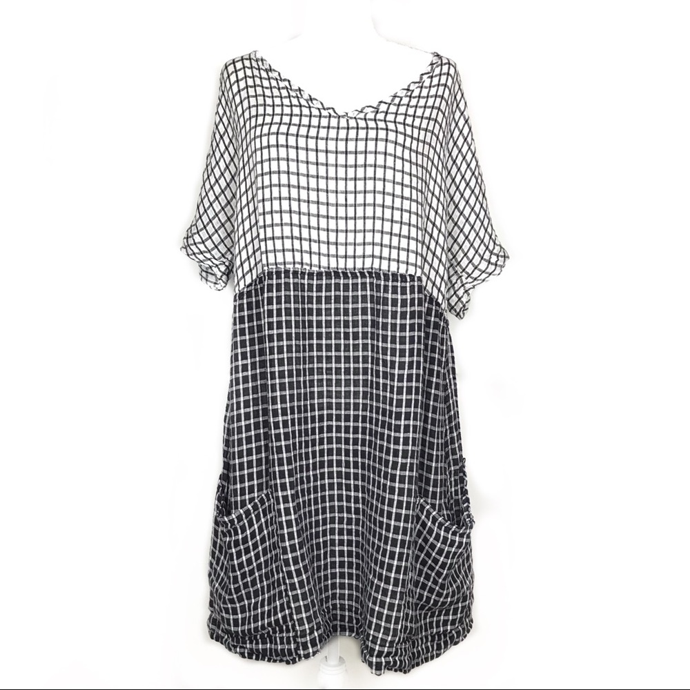 FLAX Black & White 100% Linen Windowpane Grid Plaid Baggy Dress